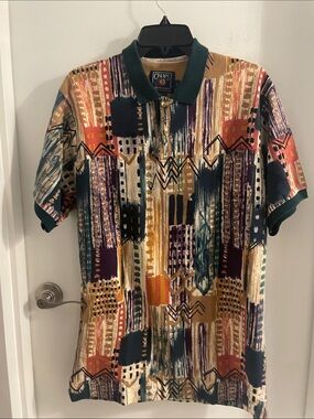 NWOT VTG 90's Chaps Ralph Lauren Large Multicolor cotton Aztec S/S Polo Shirt